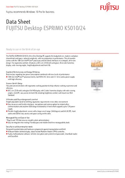 Fujitsu ESPRIMO K5010/24 Desktop Data Sheet - cover page