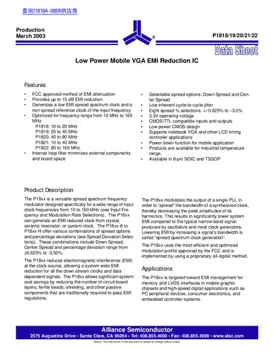 Alliance Semiconductor P1818/19/20/21/22 Data Sheet - cover page