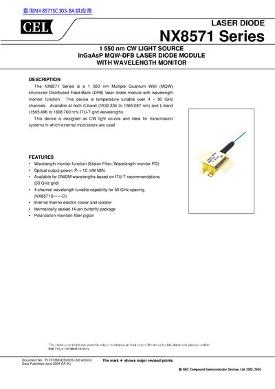 CEL NX8571 Series 1550 nm CW Laser Diode Module Datasheet - cover page