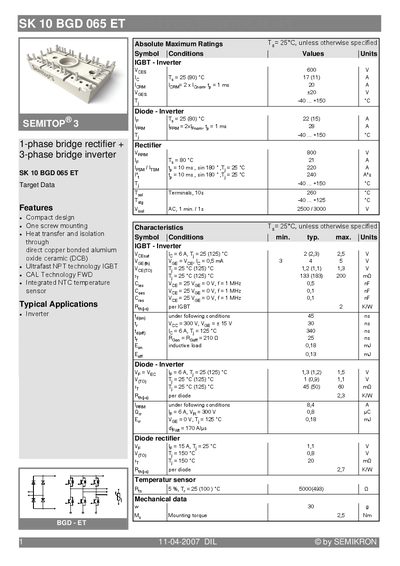 SEMIKRON SK 10 BGD 065 ET Data Sheet - cover page