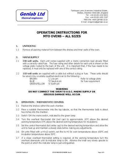 Genlab MTO Ovens Operating Instructions - cover page