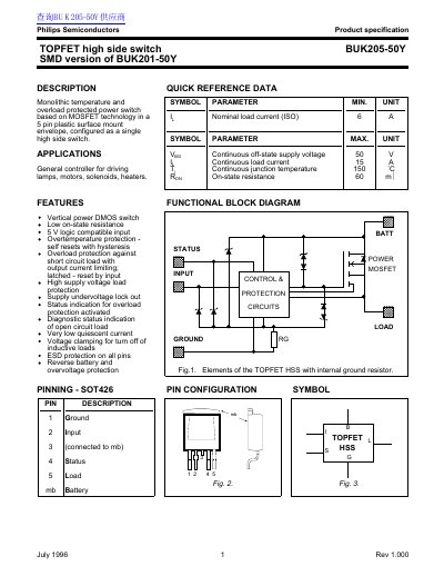Philips BUK205-50Y TOPFET High Side Switch Datasheet - cover page