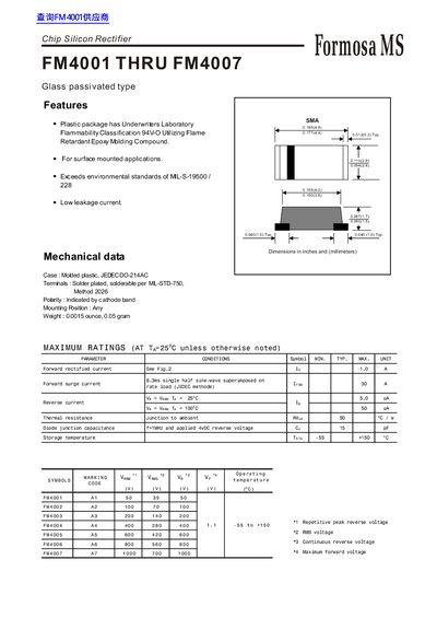 Formosa FM4001 THRU FM4007 Silicon Rectifier Datasheet - cover page
