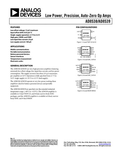 Analog Devices AD8538/AD8539 Op Amp Product Handbook - cover page