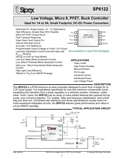 Sipex SP6122 Low Voltage Micro Buck Controller Datasheet - cover page