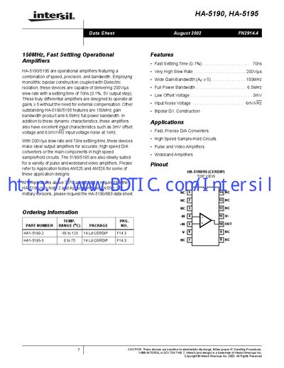 Intersil HA-5190/HA-5195 Operational Amplifier Datasheet - cover page