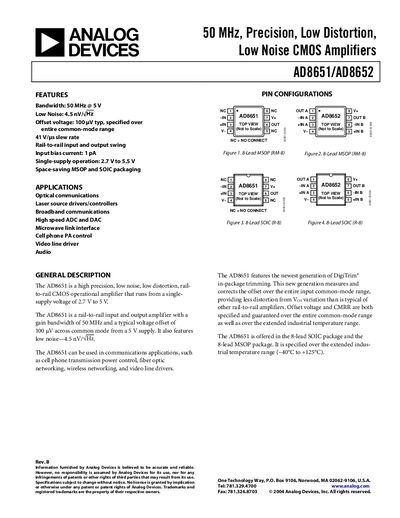 Analog Devices AD8651/AD8652 Datasheet