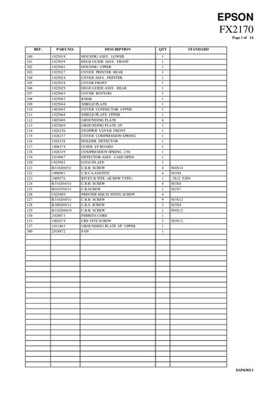 Epson FX2170 Parts List - cover page