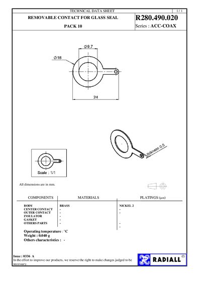 Radiall R280.490.020 ACC-COAX Pack 10 Technical Data Sheet - cover page