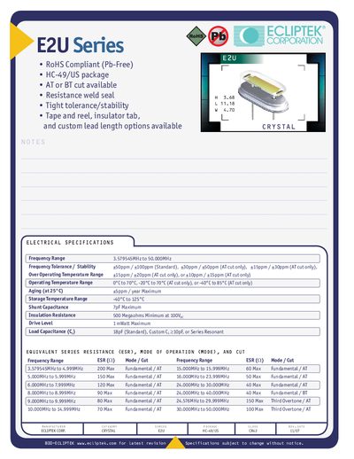ECLIPTEK E2U Crystal Data Sheet - cover page