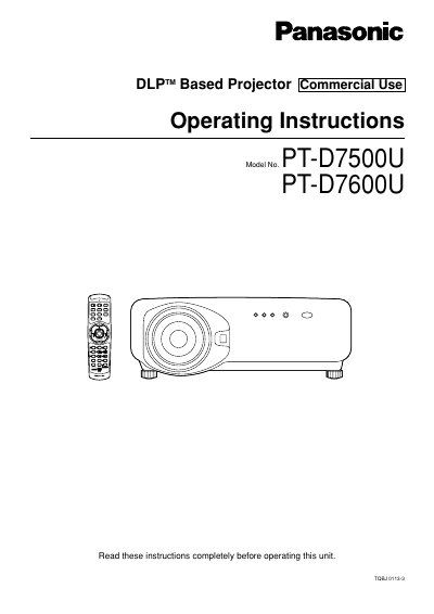 Panasonic PT-D7500U/PT-D7600U DLP Projector Operating Instructions - cover page