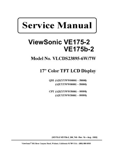 ViewSonic VE175-2 / VE175b-2 LCD Display Service Manual - cover page