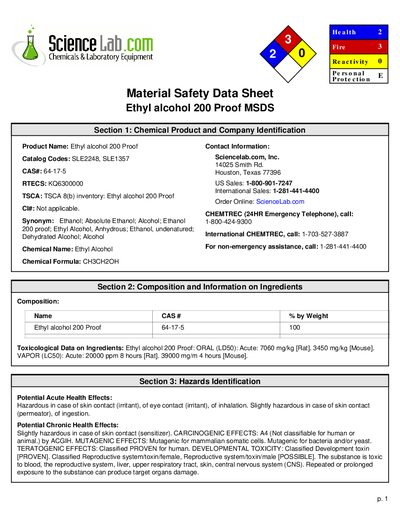 ScienceLab.com 200 Proof Ethyl Alcohol Material Safety Data Sheet