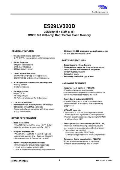 Excel Semiconductor ES29LV320D 32M Flash Memory Datasheet - cover page