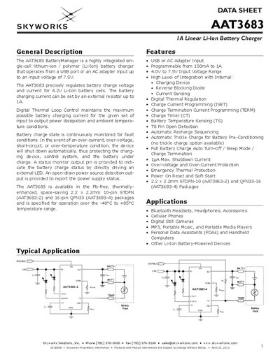 Skyworks AAT3683 1A Linear Li‑Ion Battery Charger Datasheet - cover page