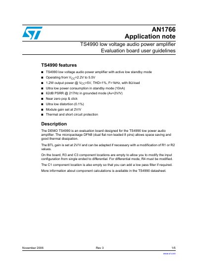 STMicroelectronics TS4990 Evaluation Board User Guidelines AN1766
