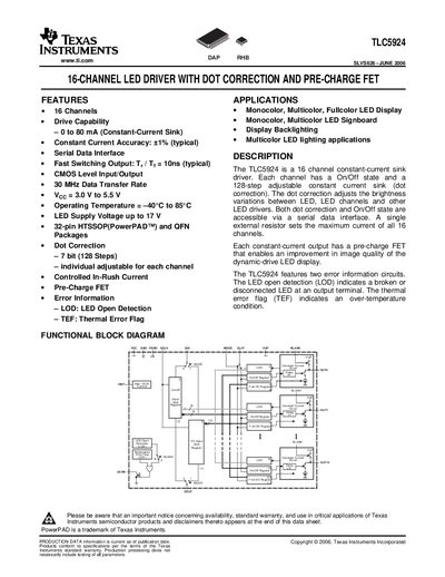 TEXAS INSTRUMENTS TLC5924 SLVS626 JUNE 2006 16-CHANNEL LED DRIVER WITH DOT CORRECTION AND PRE-CHARGE FET handbook - cover page