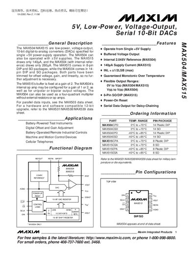 Maxim MAX504/MAX515 5V Low-Power Voltage-Output Serial 10-Bit DAC Datasheet