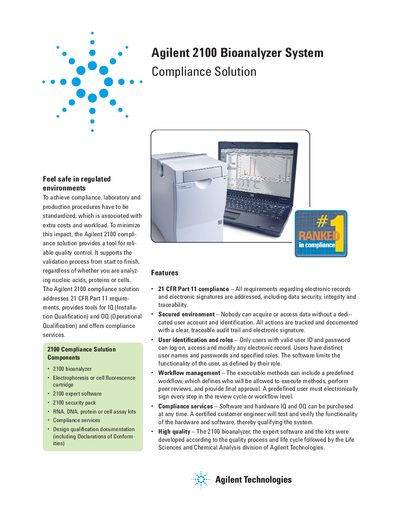 Agilent 2100 Bioanalyzer System Compliance Solution Manual - cover page