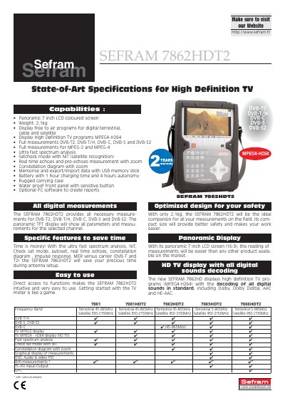 SEFRAM 7862HDT2 Panoramic TV Meter Specifications - cover page