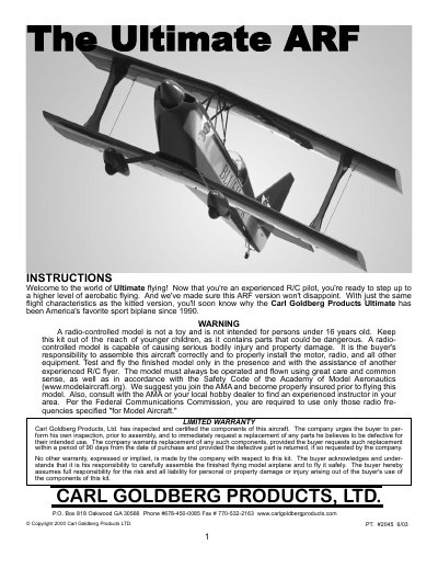 Carl Goldberg Products Ultimate ARF Assembly Instructions - cover page