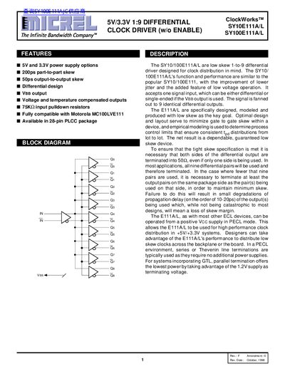 Micrel SY10E111A/L SY100E111A/L Differential Clock Driver Datasheet - cover page
