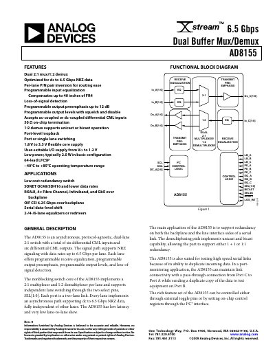 Analog Devices AD8155 Dual Buffer Mux/Demux Datasheet - cover page