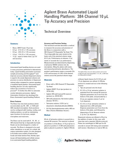 Agilent Bravo Automated Liquid Handling Platform: 384-Channel 10 L Tip Accuracy Precision Manual