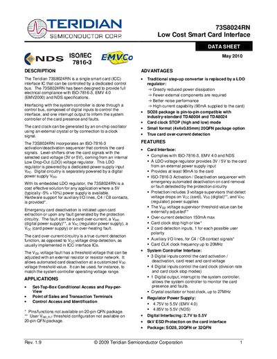 Teridian 73S8024RN Smart Card Interface Datasheet - cover page