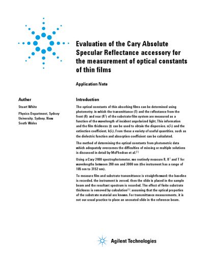 Agilent Cary SRA Absolute Specular Reflectance Accessory Application Note - cover page