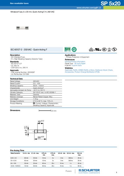 SCHURTER Non resettable fuses SP 5x20 Miniature Fuse 5 x 20 mm Quick-Acting F H 250 VAC - cover page