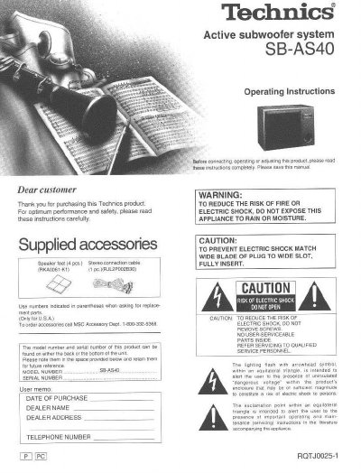 Technics SB-AS40 Active Subwoofer Operating Instructions - cover page