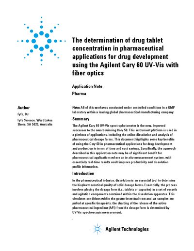 Agilent Cary 60 UV-Vis Application Note for Drug Tablet Concentration Determination - cover page