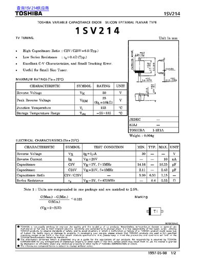 Toshiba 1SV214 Variable Capacitance Diode Datasheet - cover page
