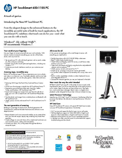 HP TouchSmart 600-1155 PC User Manual - cover page
