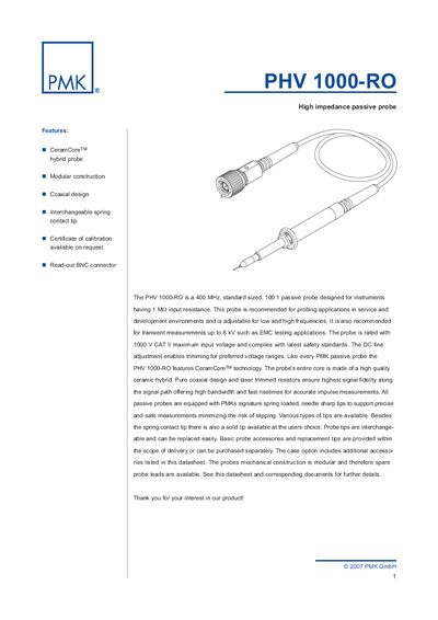 PMK PHV 1000-RO Passive Probe Datasheet - cover page