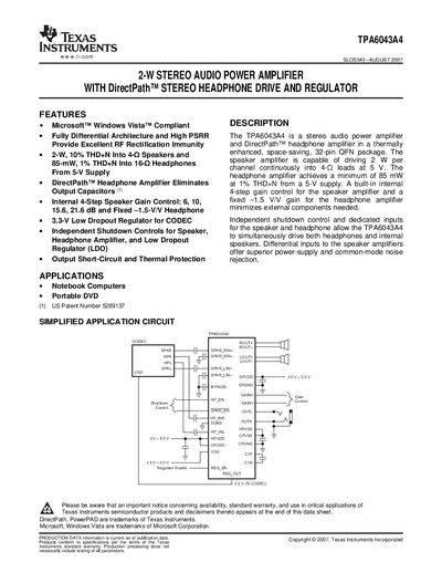 Texas Instruments TPA6043A4 Audio Power Amplifier Datasheet - cover page