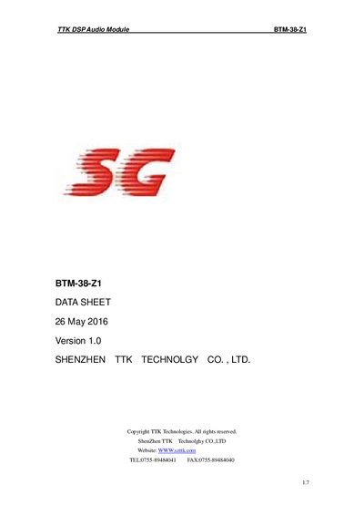 TTK BTM-38-Z1 DSP Audio Module Datasheet - cover page
