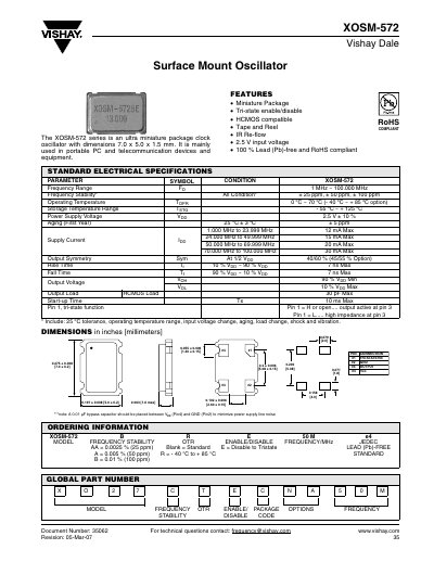 Vishay XOSM-572 Surface Mount Oscillator Datasheet - cover page