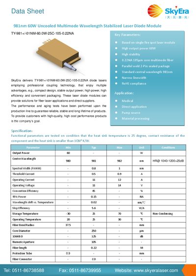 SkyEra TY-981+/ -01NM -60.0W -25C-105-0.22NA Laser Diode Module Data Sheet