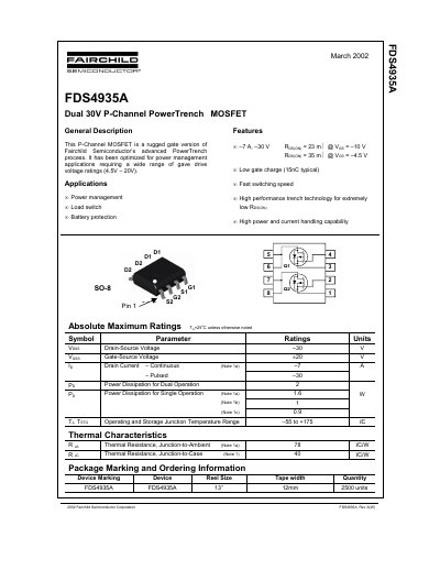 Fairchild Semiconductor FDS4935A Dual 30V P-Channel PowerTrench MOSFET Datasheet - cover page