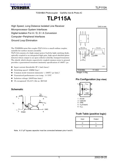 Toshiba TLP115A Photocoupler Datasheet - cover page