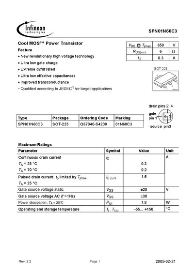 INFINEON SPN01N60C3 Cool MOS Power Transistor Manual - cover page