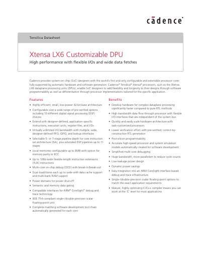 Cadence Xtensa LX6 Customizable DPU Datasheet - cover page