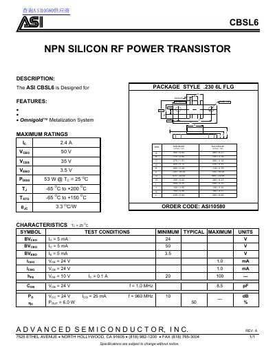 ASI CBSL6 NPN Silicon RF Power Transistor Datasheet - cover page