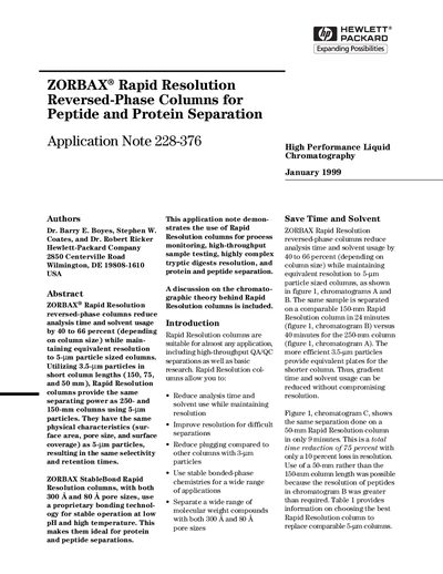 Hewlett-Packard ZORBAX Rapid Resolution Reversed-Phase Columns Application Note - cover page
