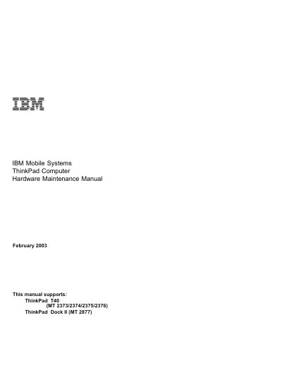 IBM ThinkPad T40 Hardware Maintenance Manual - cover page