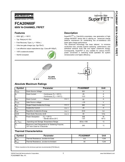 Fairchild Semiconductor FCA20N60F SuperFET Datasheet - cover page