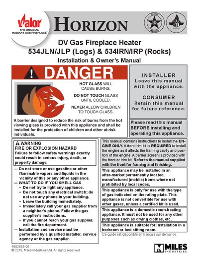 Miles Industries Horizon DV Gas Fireplace Heater 534JLN/JLP & 534IRN/IRP Installation & Owner’s Manual - cover page