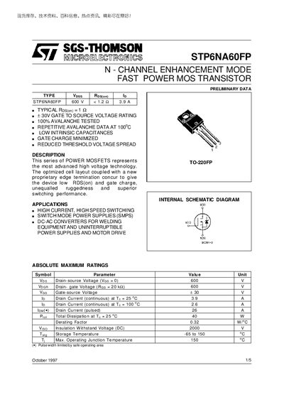 SGS-THOMSON STP6NA60FP Datasheet